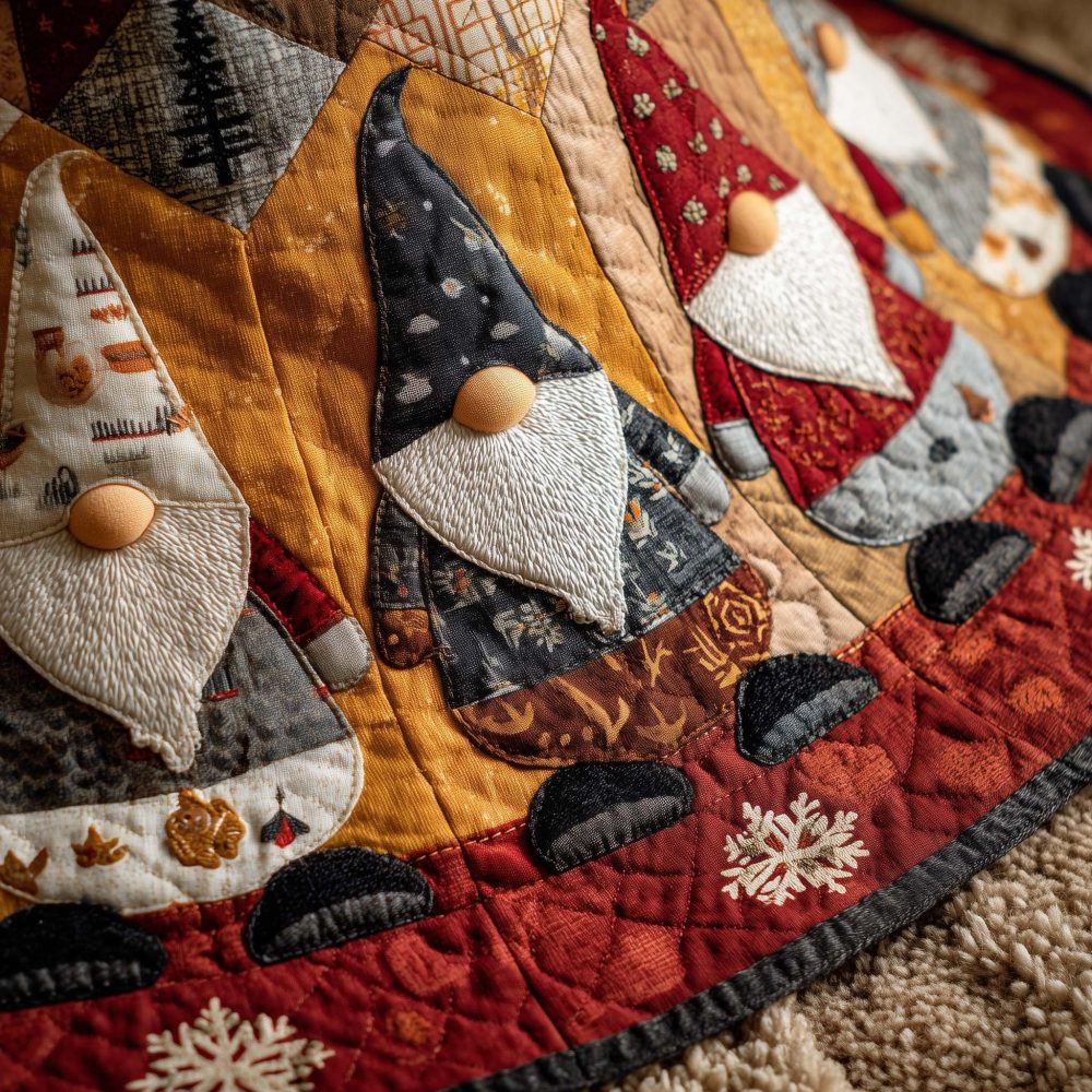 Grey & Gold Gnome Holiday Tree Skirt With Winter Coat Design, Handcrafted Christmas Skirt, Custom Made To Order