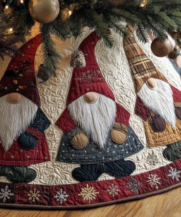 Festive Three Gnome Christmas Tree Skirt With Snowflake Border, Custom Handcrafted Holiday Skirt Made To Order