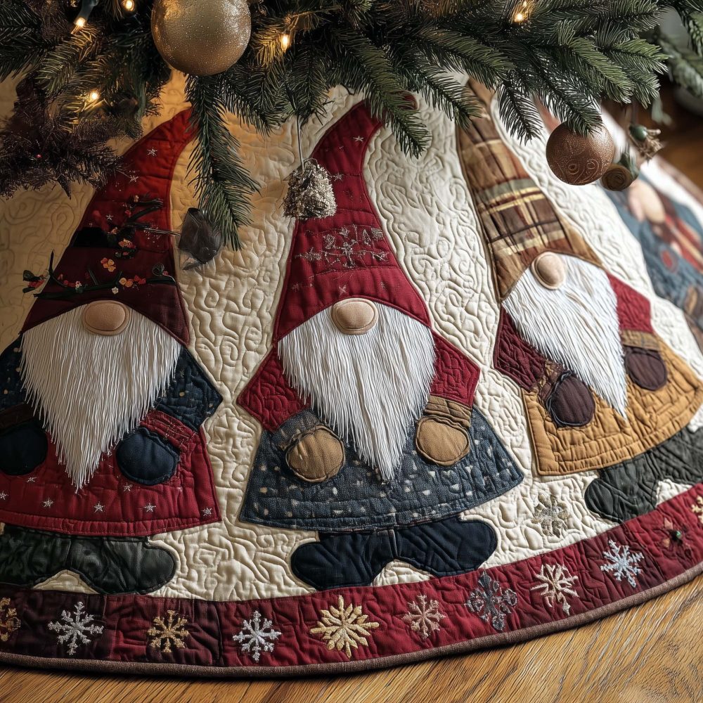 Festive Three Gnome Christmas Tree Skirt With Snowflake Border, Custom Handcrafted Holiday Skirt Made To Order