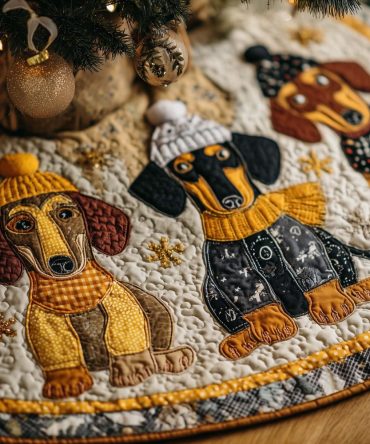 Custom Sausage Dog Tree Skirt With Knitted Hats - Made-To-Order Holiday Decoration Featuring Dachshund Illustrations On Cozy Fabric