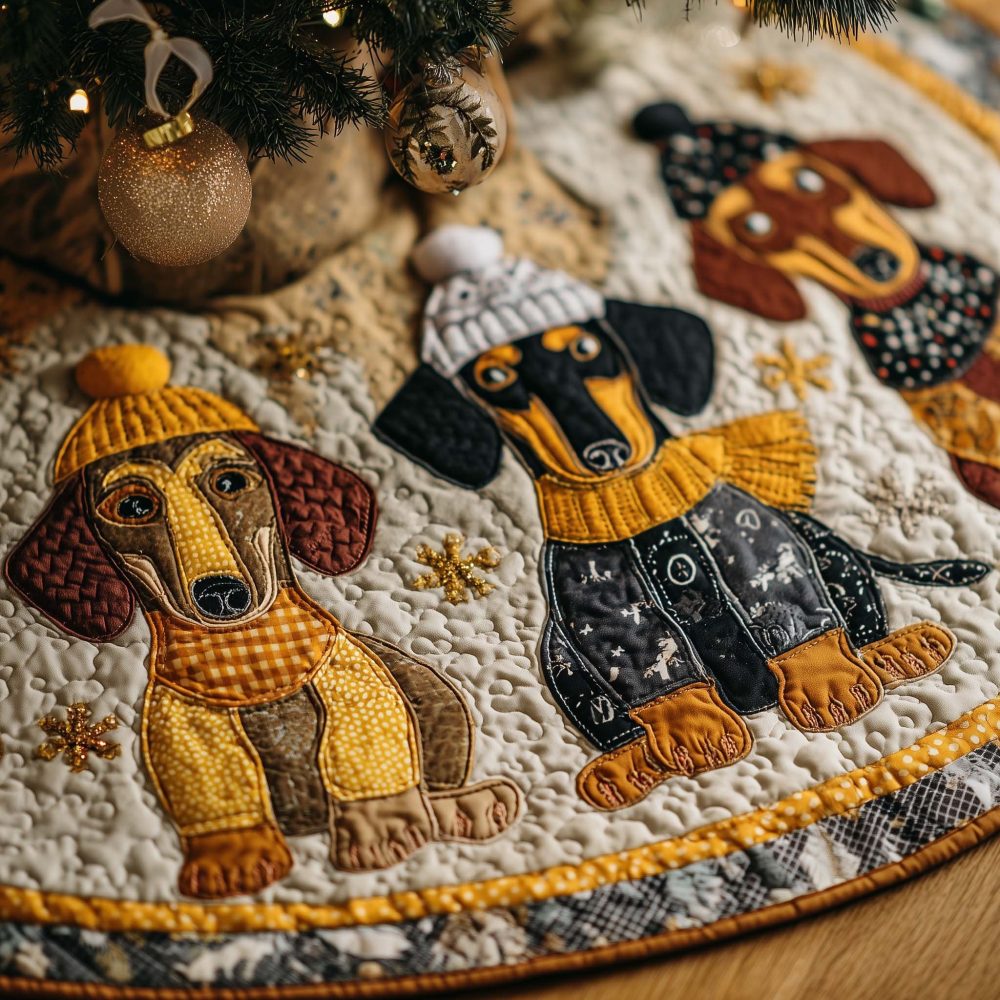 Custom Sausage Dog Tree Skirt With Knitted Hats - Made-To-Order Holiday Decoration Featuring Dachshund Illustrations On Cozy Fabric