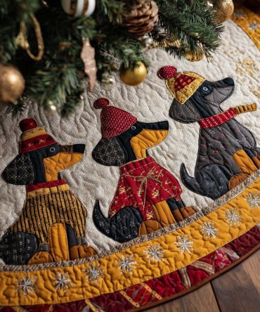 Luxury Dachshund Christmas Tree Skirt - Colorful Winter Sweater Dachshunds, Custom Made-To-Order Festive Home Décor
