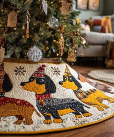 Handcrafted Dachshund Beanie Christmas Tree Skirt - Cozy Winter Dogs In Snow Scene, Custom Made-To-Order Holiday Accent