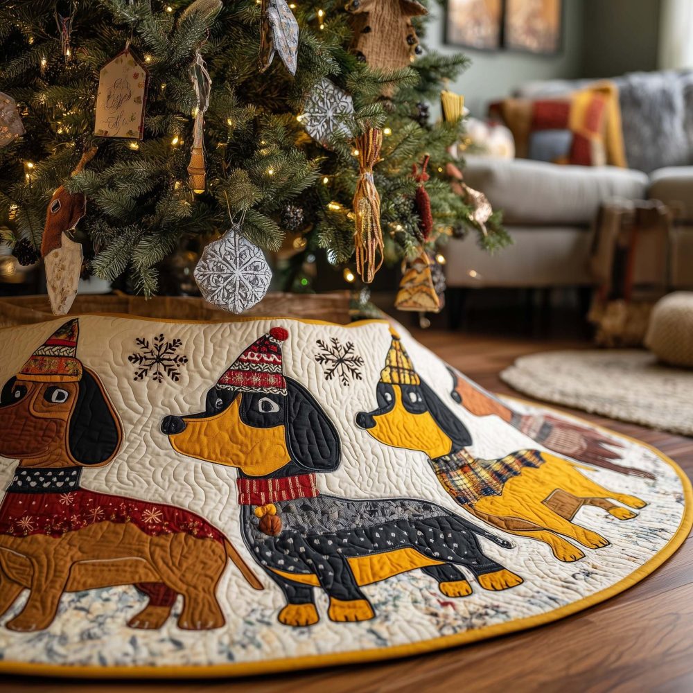 Handcrafted Dachshund Beanie Christmas Tree Skirt - Cozy Winter Dogs In Snow Scene, Custom Made-To-Order Holiday Accent