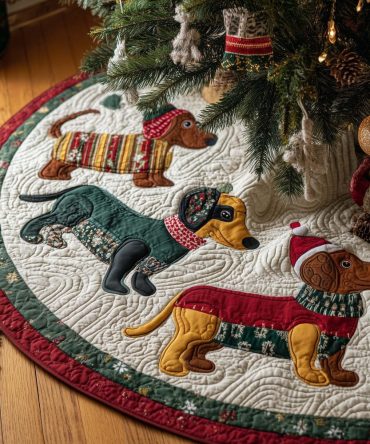 Custom Dachshund Pair Christmas Tree Skirt - Two Sausage Dogs In Festive Bobble Hats, Made-To-Order Holiday Décor For Pet Lovers