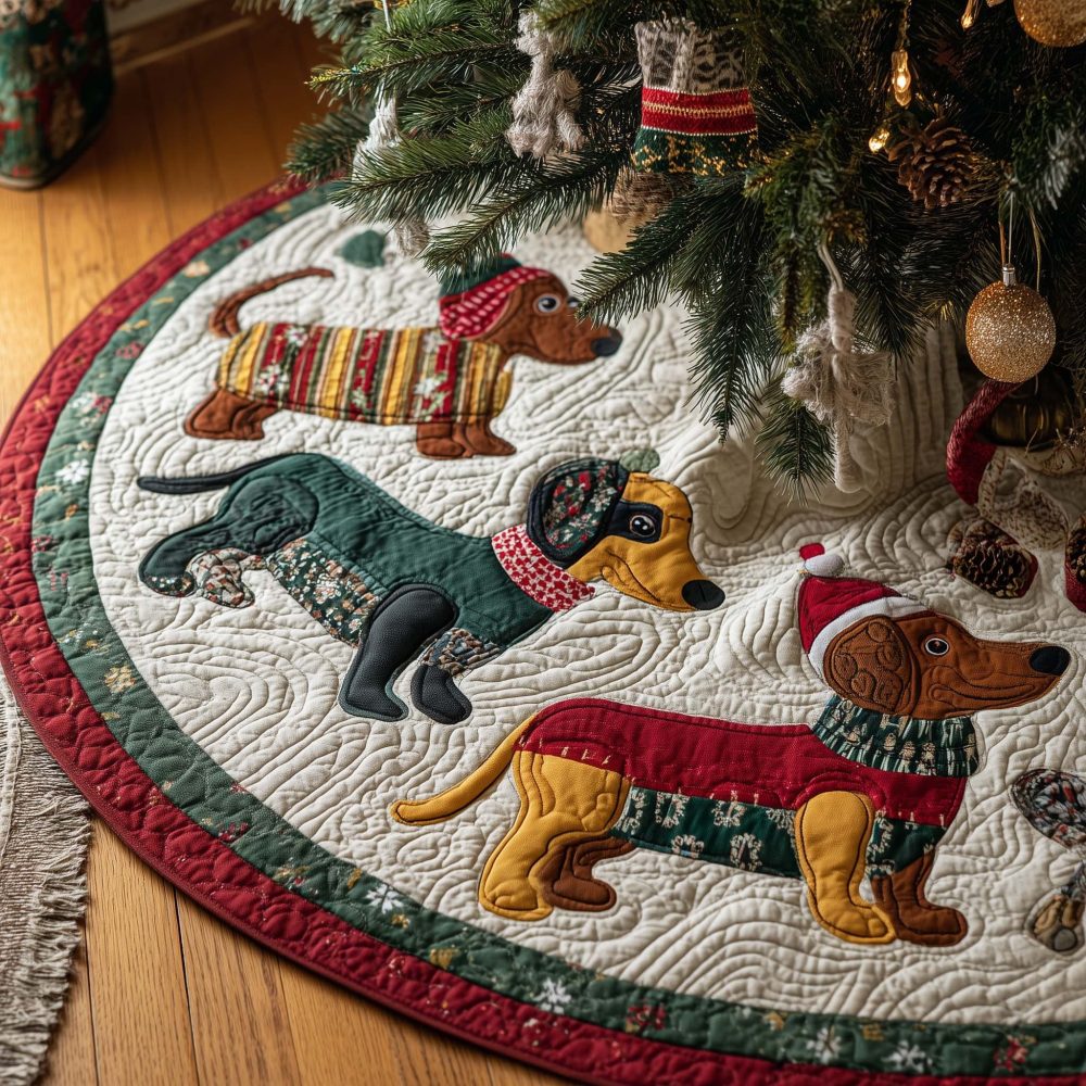 Custom Dachshund Pair Christmas Tree Skirt - Two Sausage Dogs In Festive Bobble Hats, Made-To-Order Holiday Décor For Pet Lovers