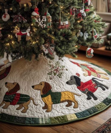 Premium Dachshund Christmas Tree Skirt - Scarf & Snowflake Motif On White, Custom Made-To-Order Holiday Décor For Dog Lovers