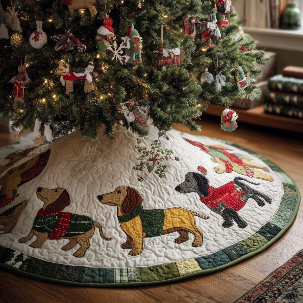 Premium Dachshund Christmas Tree Skirt - Scarf & Snowflake Motif On White, Custom Made-To-Order Holiday Décor For Dog Lovers