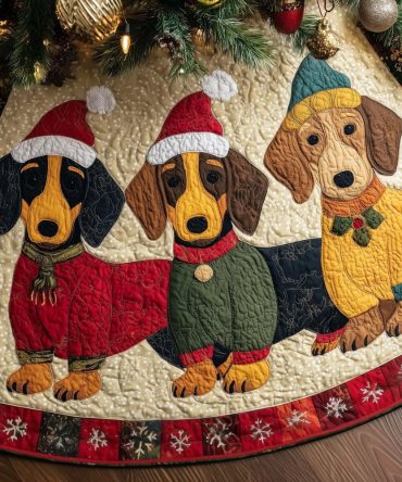 Santa Hat Dachshund Trio Tree Skirt — Made-To-Order Playful Holiday Skirt With Wiener Dog Santa Design, Handcrafted