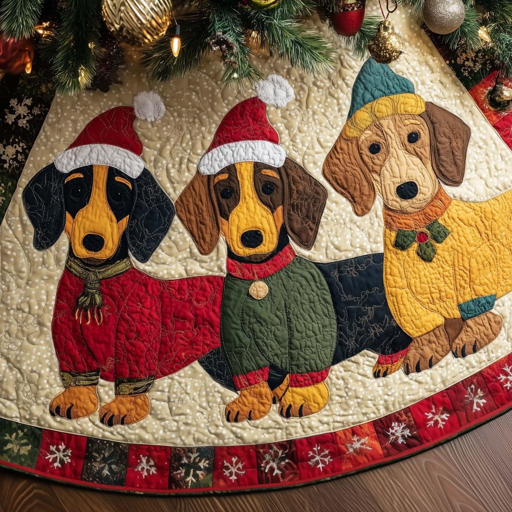 Santa Hat Dachshund Trio Tree Skirt — Made-To-Order Playful Holiday Skirt With Wiener Dog Santa Design, Handcrafted