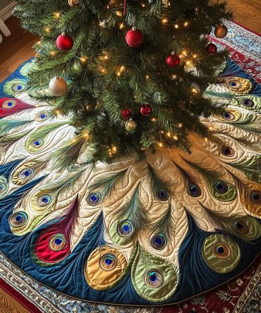 Cream & Green Peacock Feather Christmas Tree Skirt - Custom Handmade Holiday Mat, Made To Order
