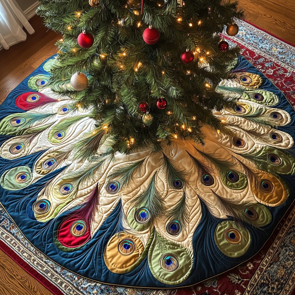 Cream & Green Peacock Feather Christmas Tree Skirt - Custom Handmade Holiday Mat, Made To Order
