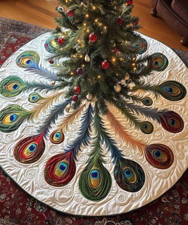 White Peacock Feather Christmas Skirt With Red Eye Details, Handcrafted Tree Skirt For Holidays, Custom Made To Order