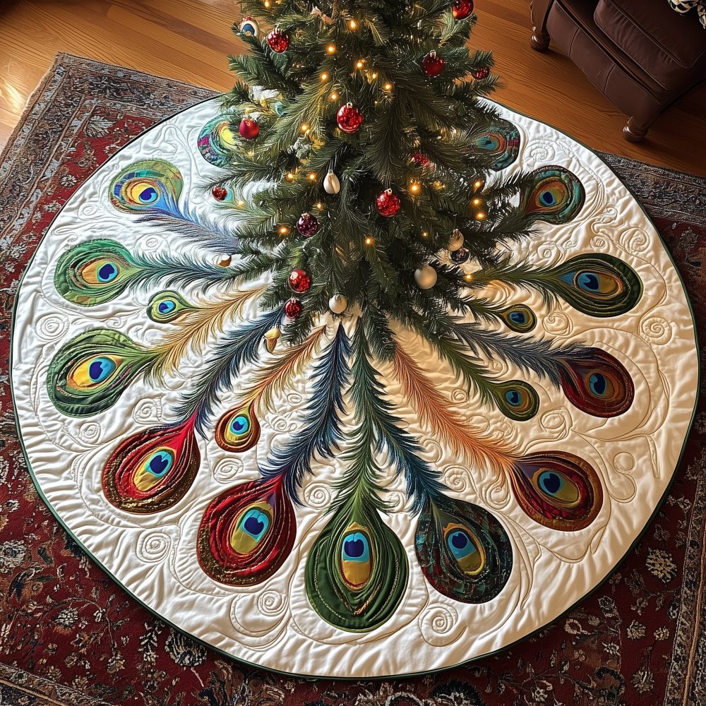 White Peacock Feather Christmas Skirt With Red Eye Details, Handcrafted Tree Skirt For Holidays, Custom Made To Order