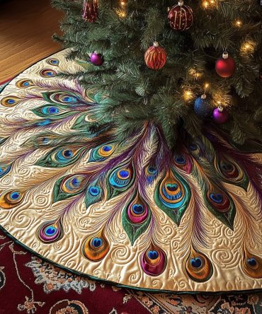 Golden Peacock Plume Holiday Tree Skirt With Red Rim, Custom Luxury Christmas Skirt Made To Order