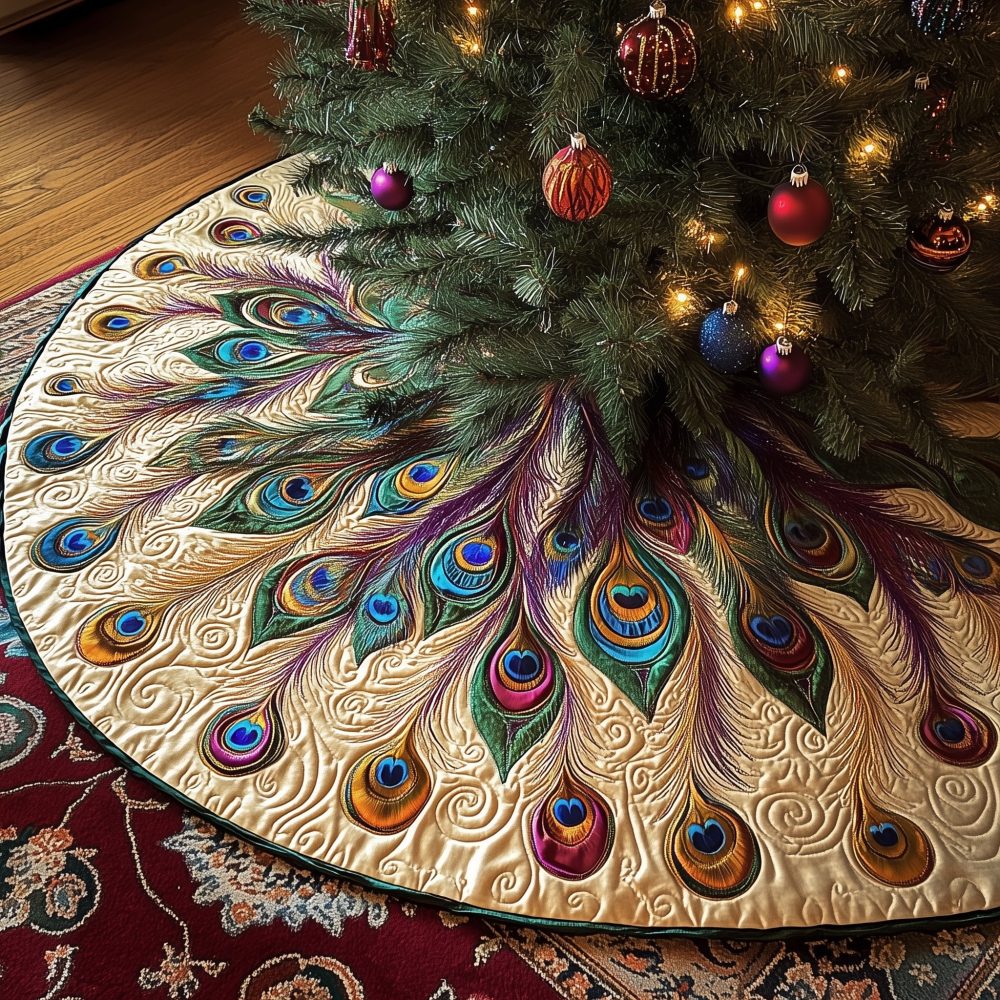 Golden Peacock Plume Holiday Tree Skirt With Red Rim, Custom Luxury Christmas Skirt Made To Order