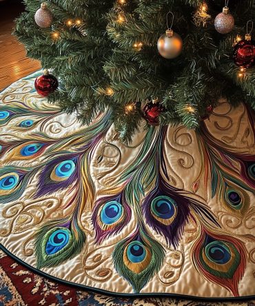 Cream Peacock Plume Christmas Tree Skirt With Jewel Eye Accents, Custom Handmade Festive Skirt Made To Order