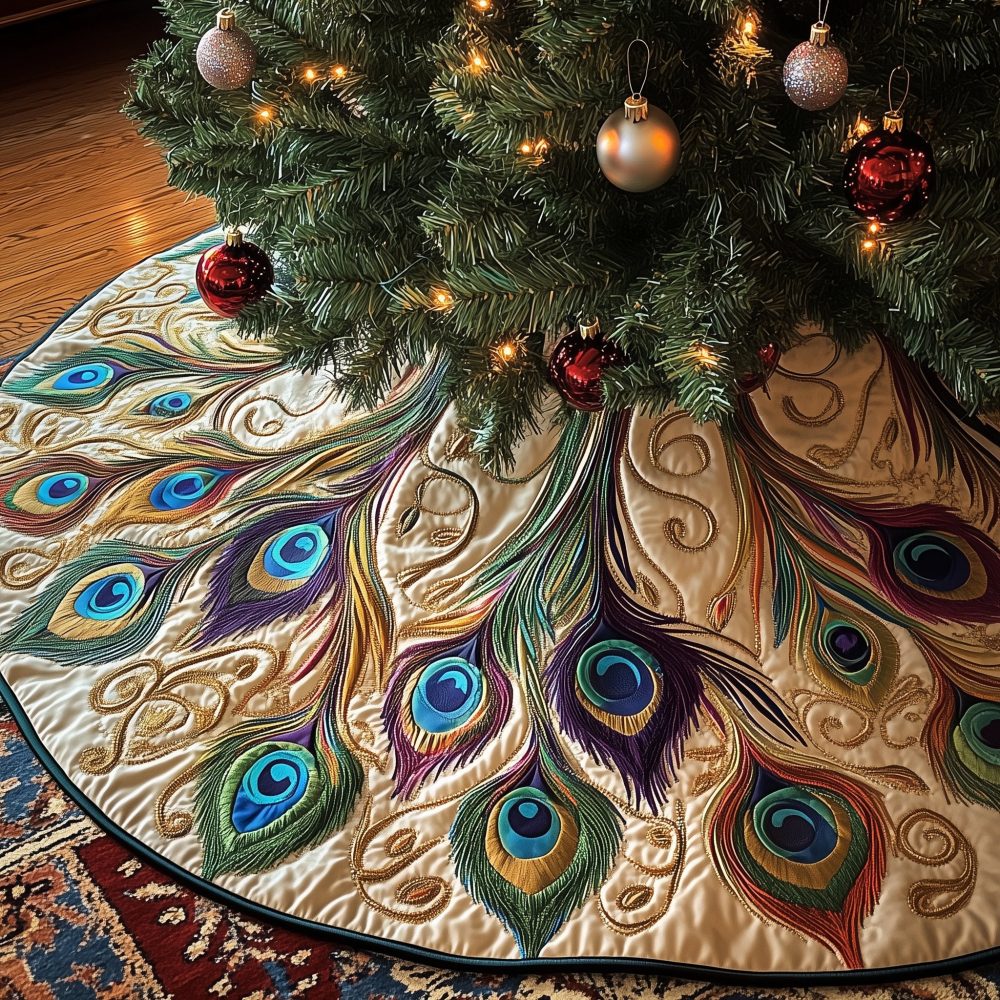 Cream Peacock Plume Christmas Tree Skirt With Jewel Eye Accents, Custom Handmade Festive Skirt Made To Order