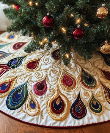 Luxury Peacock Plume Christmas Tree Skirt With Wine-Red Border, Custom Handmade Holiday Skirt Made To Order