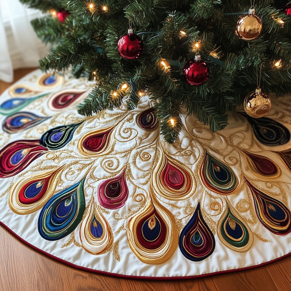 Luxury Peacock Plume Christmas Tree Skirt With Wine-Red Border, Custom Handmade Holiday Skirt Made To Order