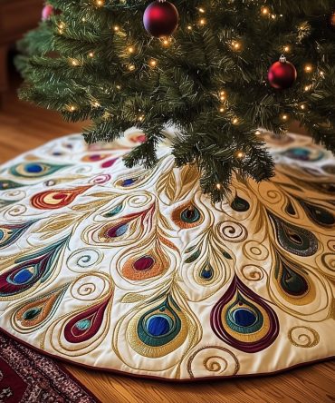 Ivory Christmas Tree Skirt With Gold Peacock Plumes — Custom Handmade Luxe Skirt, Warm Metallic Holiday Accent