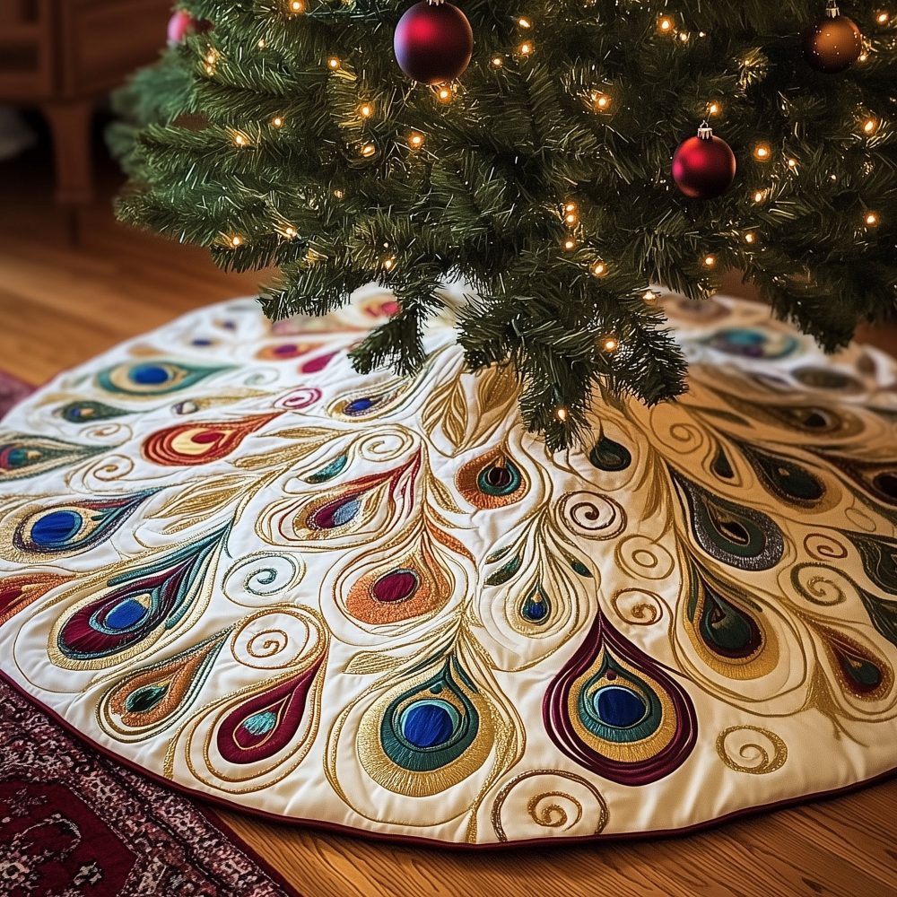 Ivory Christmas Tree Skirt With Gold Peacock Plumes — Custom Handmade Luxe Skirt, Warm Metallic Holiday Accent
