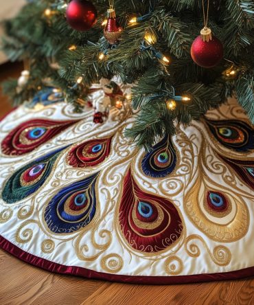 Ruby And Sapphire Peacock Plume Christmas Tree Skirt — Handmade Custom Jewel-Tone Holiday Skirt, Vibrant Luxe Accent