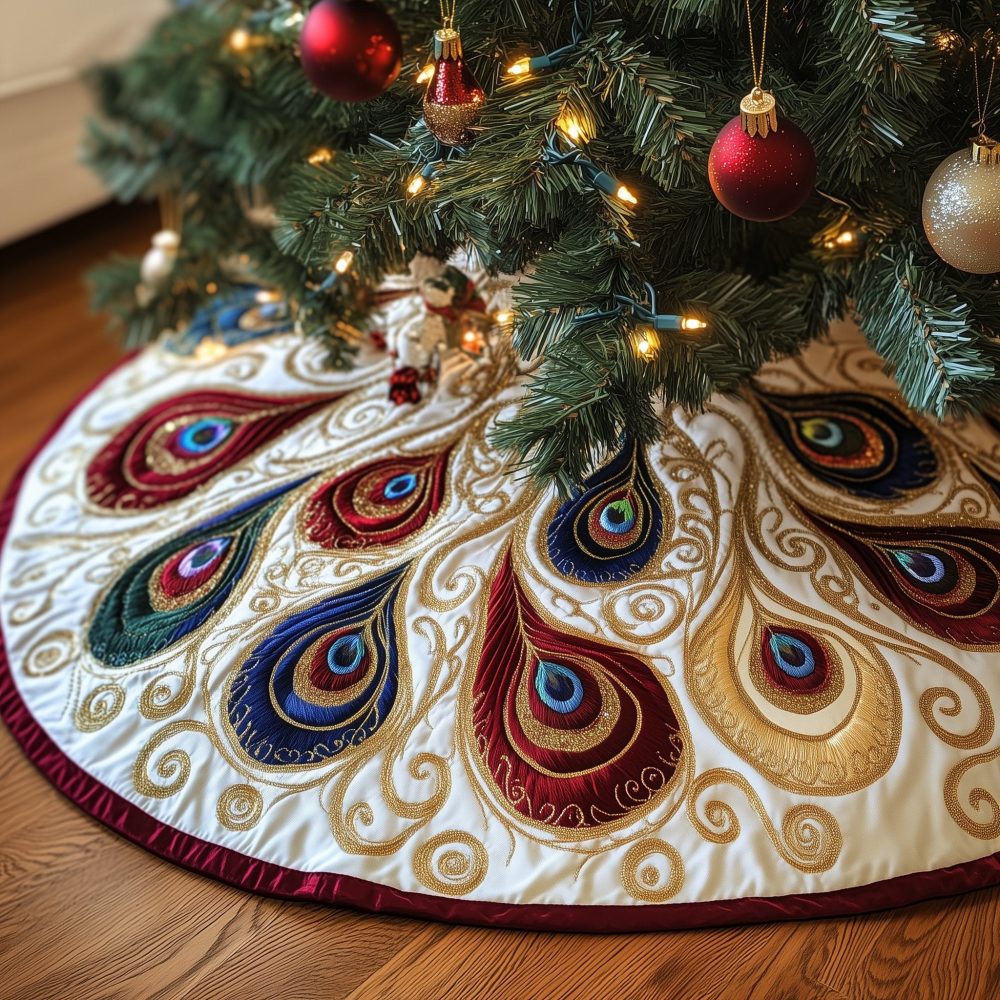 Ruby And Sapphire Peacock Plume Christmas Tree Skirt — Handmade Custom Jewel-Tone Holiday Skirt, Vibrant Luxe Accent