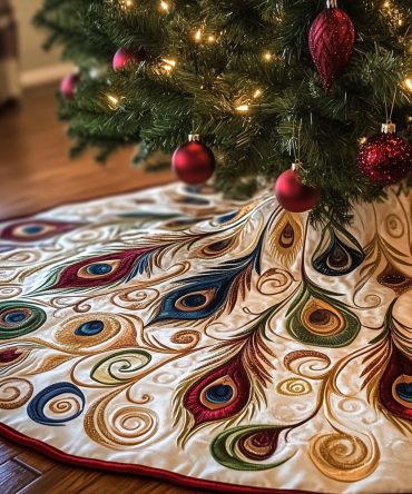 White Christmas Tree Skirt With Soft Peacock Plumes — Made-To-Order Handmade Skirt, Subtle Elegant Holiday Touch