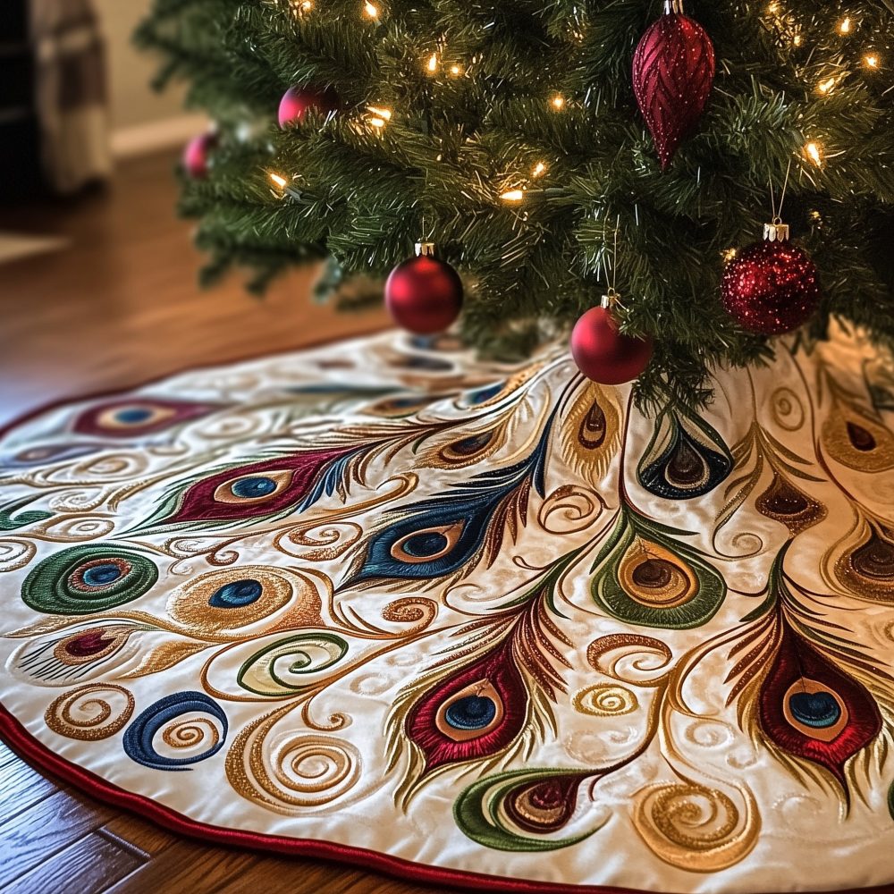 White Christmas Tree Skirt With Soft Peacock Plumes — Made-To-Order Handmade Skirt, Subtle Elegant Holiday Touch
