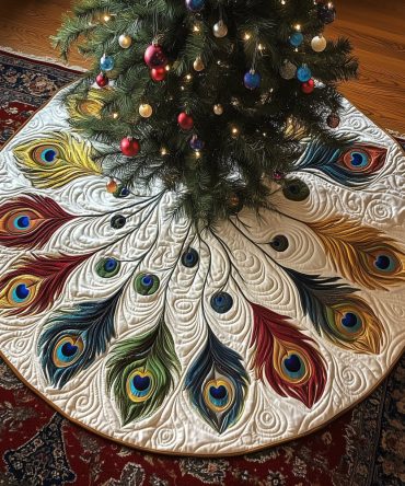 White Christmas Tree Skirt With Green Peacock Plumes — Handmade Custom Holiday Skirt, Fresh Festive Accent