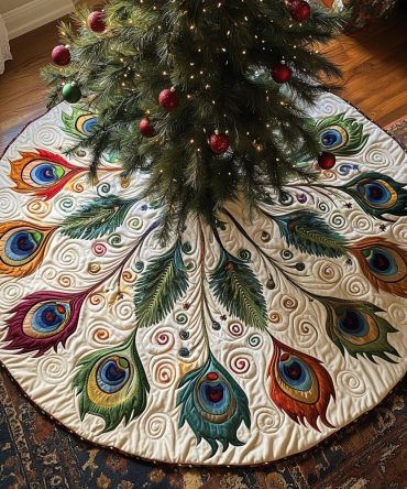 Ivory Christmas Tree Skirt With Wide Peacock Fan — Custom Handmade Elegant Neutral Skirt For Classic Holiday Style