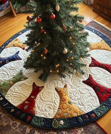 Cream Swirl Christmas Tree Skirt With Cat Silhouettes — Custom Handmade Holiday Skirt For Cat Lovers