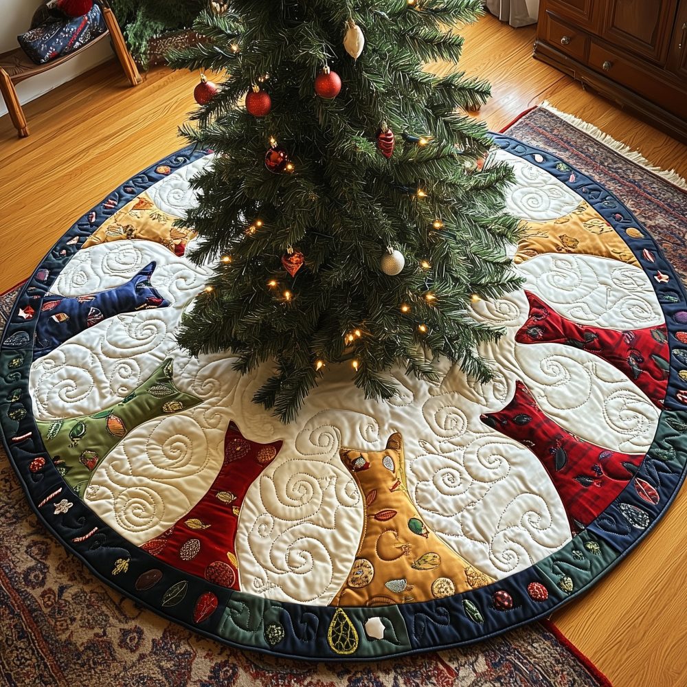 Cream Swirl Christmas Tree Skirt With Cat Silhouettes — Custom Handmade Holiday Skirt For Cat Lovers