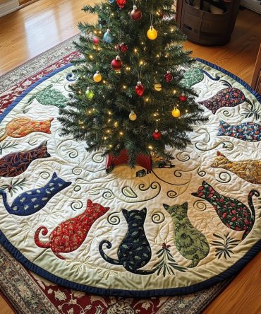 Handmade Ivory Christmas Tree Skirt With Playful Patterned Cats — Custom Sizes, Elegant Holiday Pet Décor