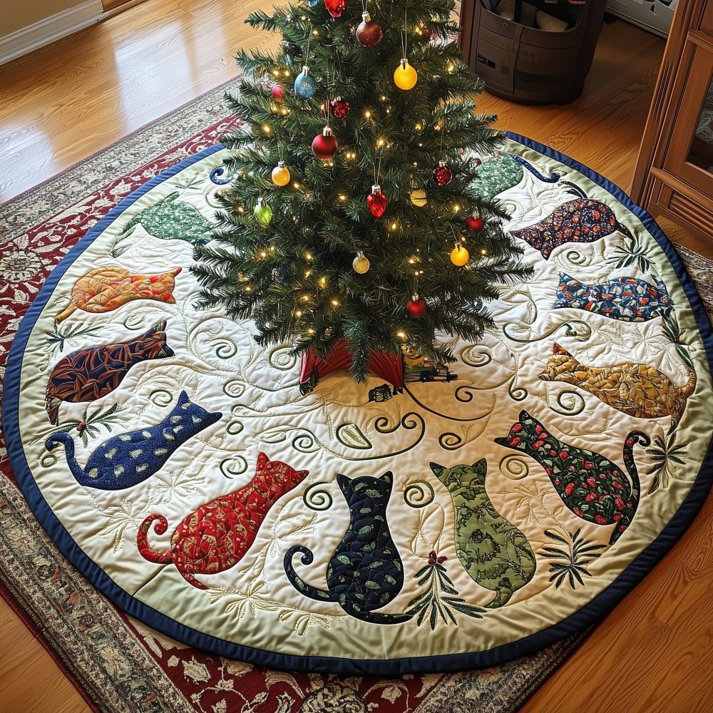 Handmade Ivory Christmas Tree Skirt With Playful Patterned Cats — Custom Sizes, Elegant Holiday Pet Décor