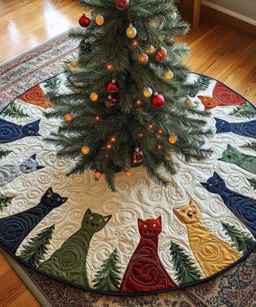 Custom Cats Around Pine Trees Christmas Tree Skirt — Handmade Holiday Skirt, Cozy Woodland Cat Décor