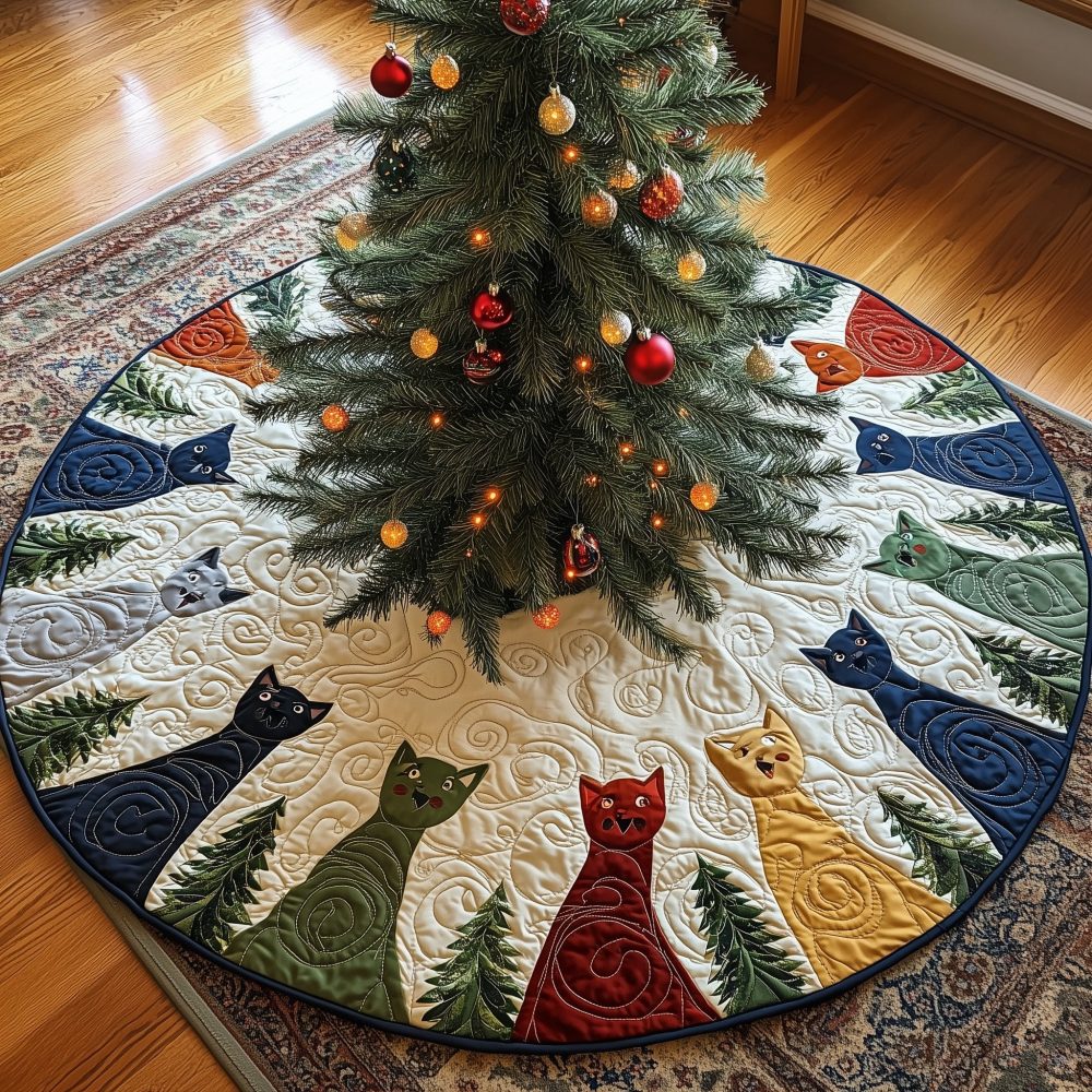 Custom Cats Around Pine Trees Christmas Tree Skirt — Handmade Holiday Skirt, Cozy Woodland Cat Décor
