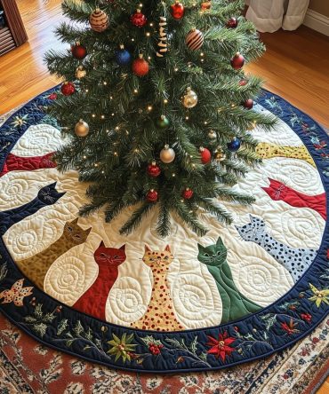Cream Cat Pattern With Blue Floral Border Christmas Tree Skirt — Elegant Holiday Mat, Soft Polyester, Personalize With Name Or Year