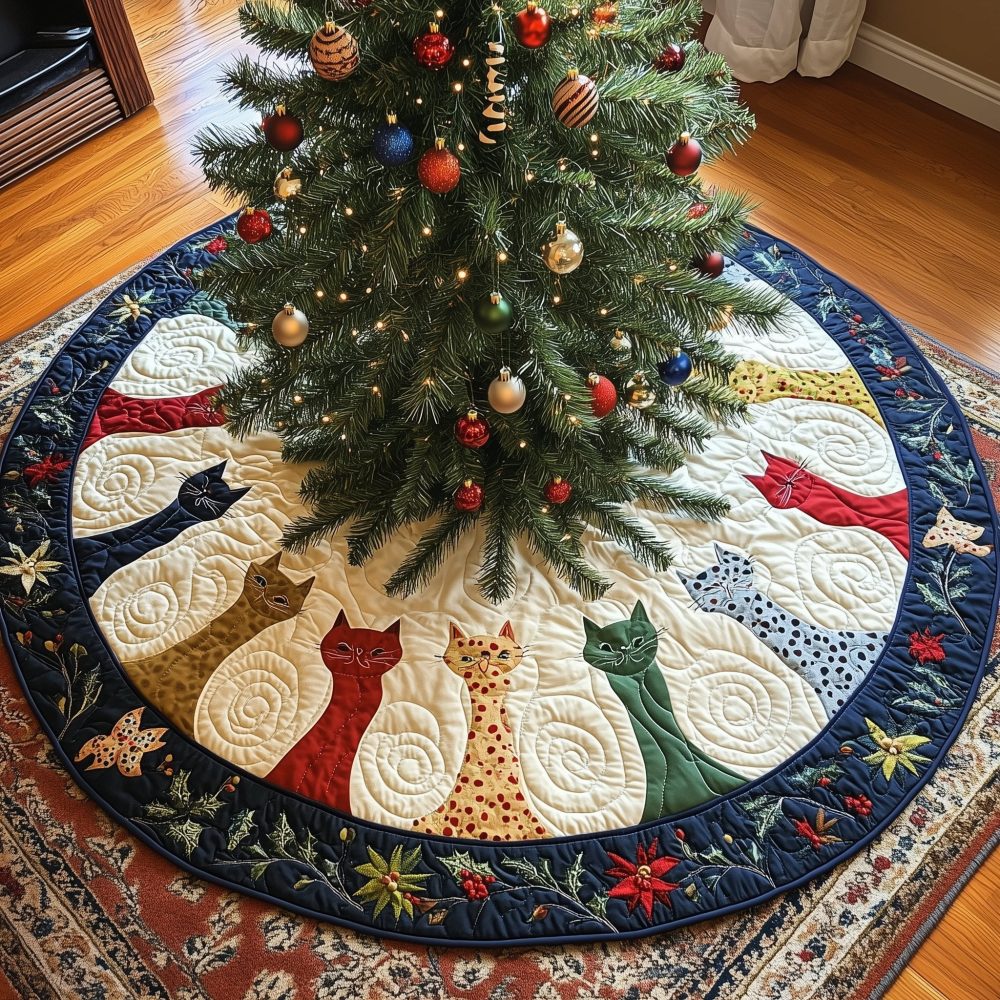 Cream Cat Pattern With Blue Floral Border Christmas Tree Skirt — Elegant Holiday Mat, Soft Polyester, Personalize With Name Or Year