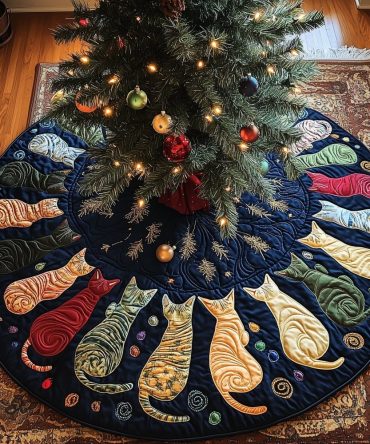 Navy & Red Wedge Cat Christmas Tree Skirt — Bold Geometric Cat Pattern, Premium Fabric, Festive Accent, Custom-Size