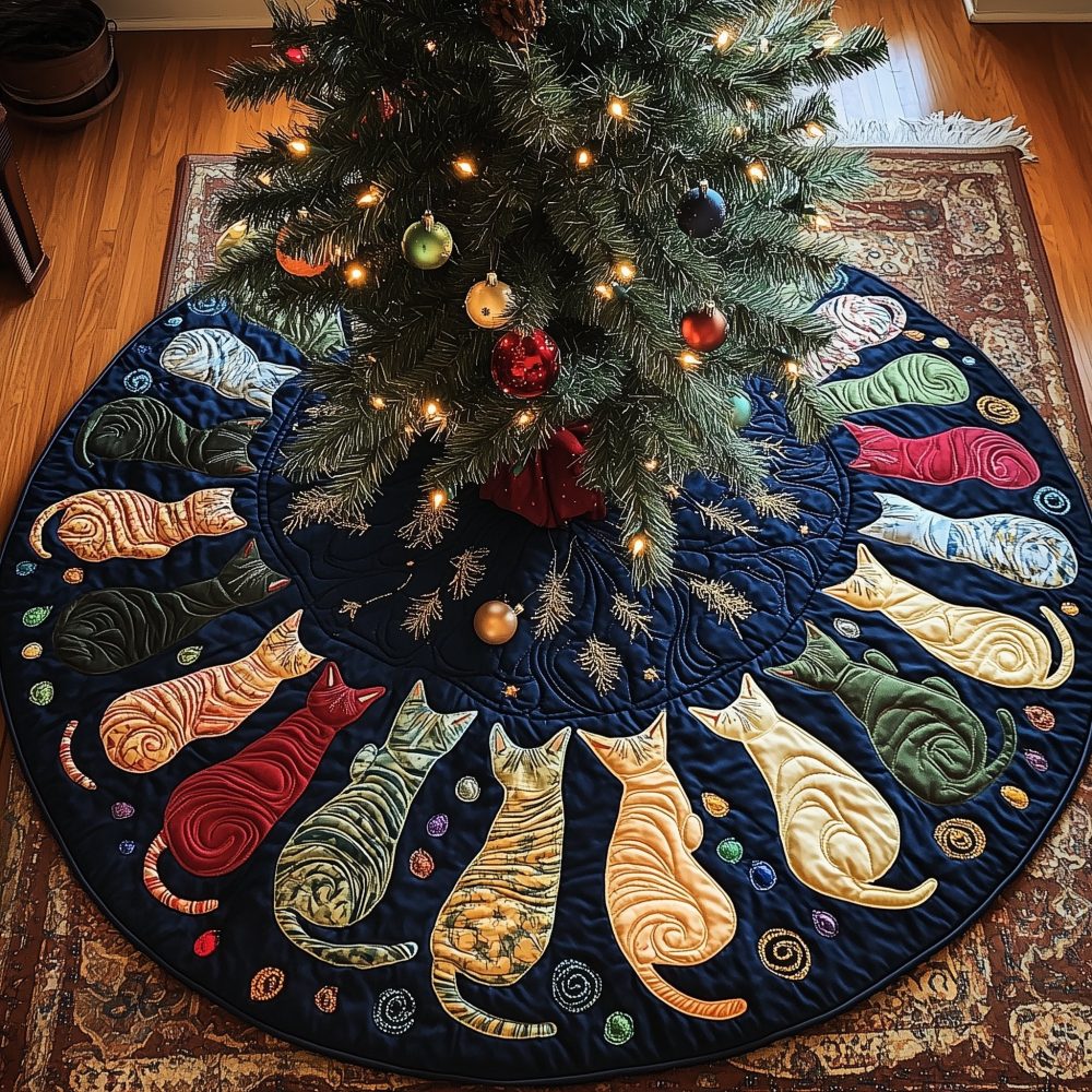 Navy & Red Wedge Cat Christmas Tree Skirt — Bold Geometric Cat Pattern, Premium Fabric, Festive Accent, Custom-Size