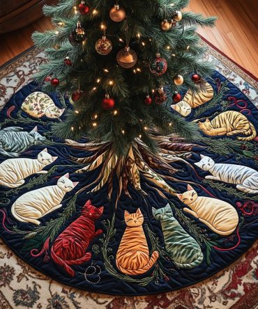 Cats Around Tree Roots Holiday Skirt — Earthy Woodland Cat Design For Christmas Tree, Soft Fleece, Custom Colors & Sizes