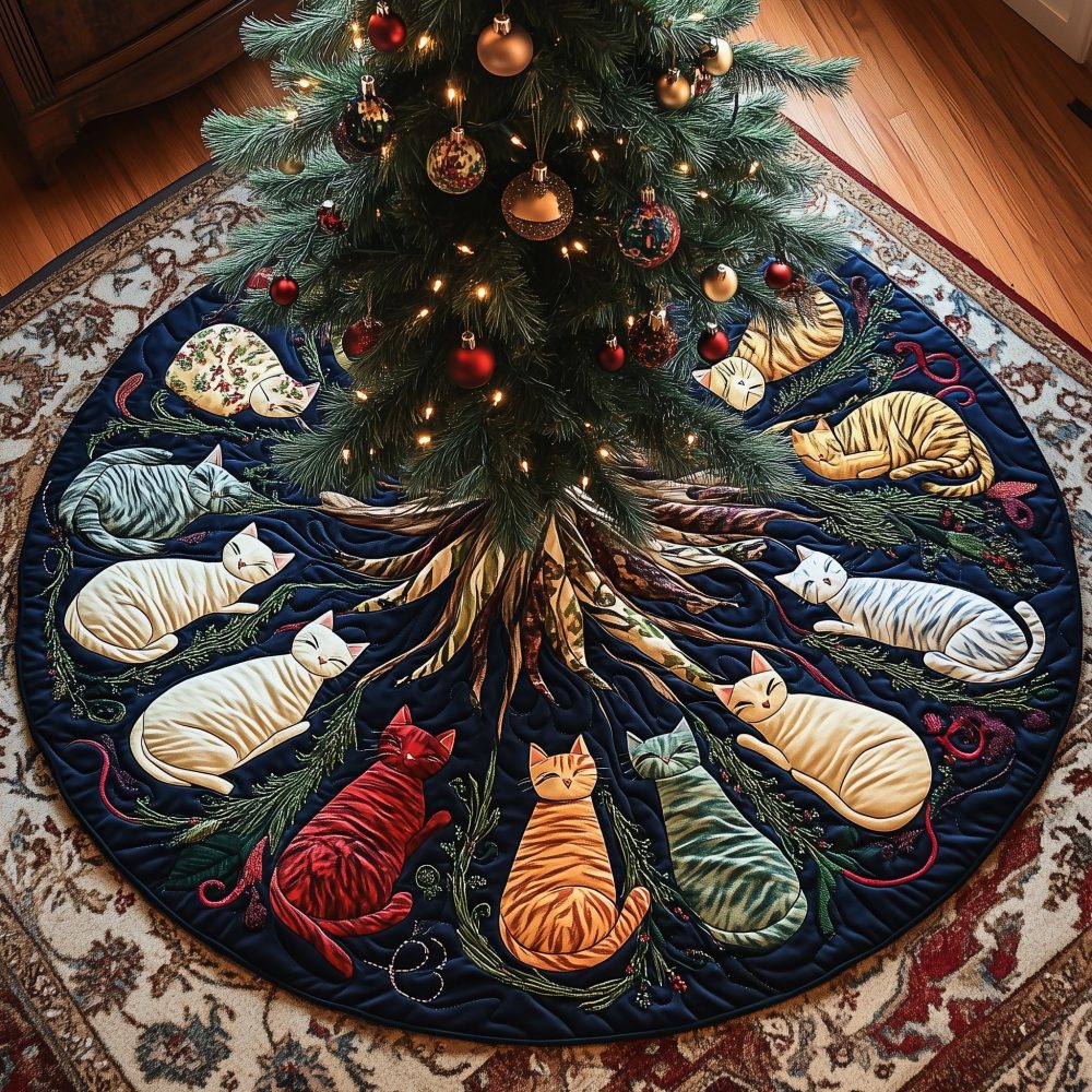 Cats Around Tree Roots Holiday Skirt — Earthy Woodland Cat Design For Christmas Tree, Soft Fleece, Custom Colors & Sizes
