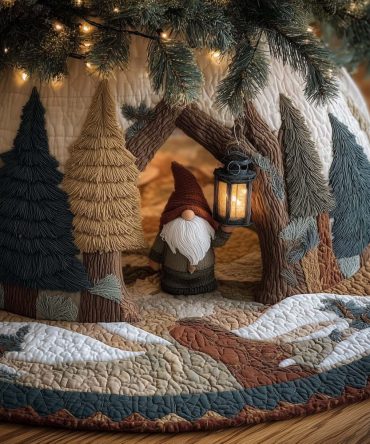 Snowy Forest Gnome Tree Skirt With Lantern Scene — Handcrafted Winter Skirt, Sherpa Backing, Durable Print, Custom Sizes