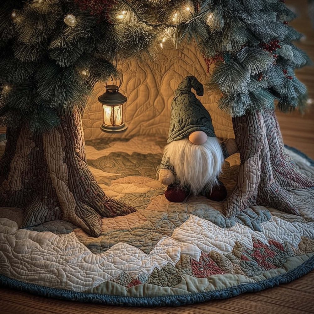 Lantern-Lit Gnome Holiday Tree Skirt — Handcrafted Christmas Mat With Cozy Lantern Scene, Premium Fabric, Personalized Options