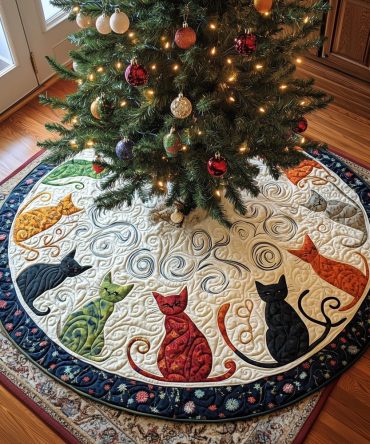 Playful Cats On White With Dotted Border Tree Skirt — Modern Holiday Cat Décor, Easy Care Fabric, Custom Diameter Available