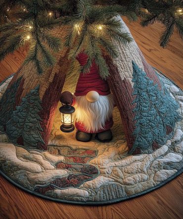 Teal Pine Gnome Tree Skirt With Lantern — Artisan Holiday Decor, Vibrant Teal Pines Print, Soft Touch, Custom Diameter
