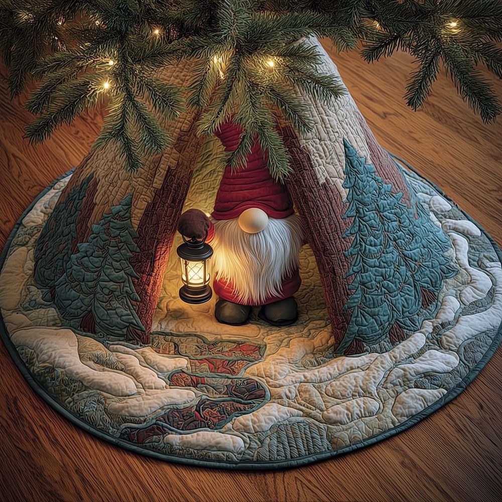 Teal Pine Gnome Tree Skirt With Lantern — Artisan Holiday Decor, Vibrant Teal Pines Print, Soft Touch, Custom Diameter