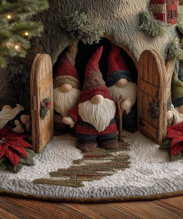 Barn Door Gnomes Christmas Tree Skirt — Country Chic Holiday Floor Mat, Custom Hand-Dyed Print, Soft Fleece Backing